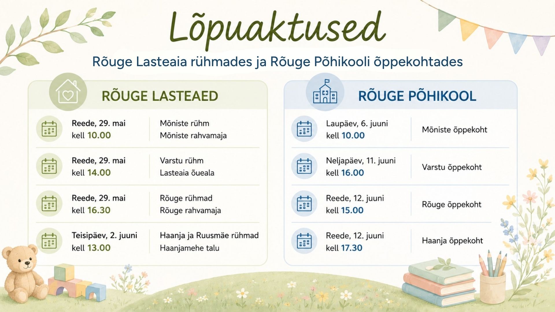 Rõuge Lasteaia ja Rõuge Põhikooli õppekohtade lõpuaktused 2026. aastal